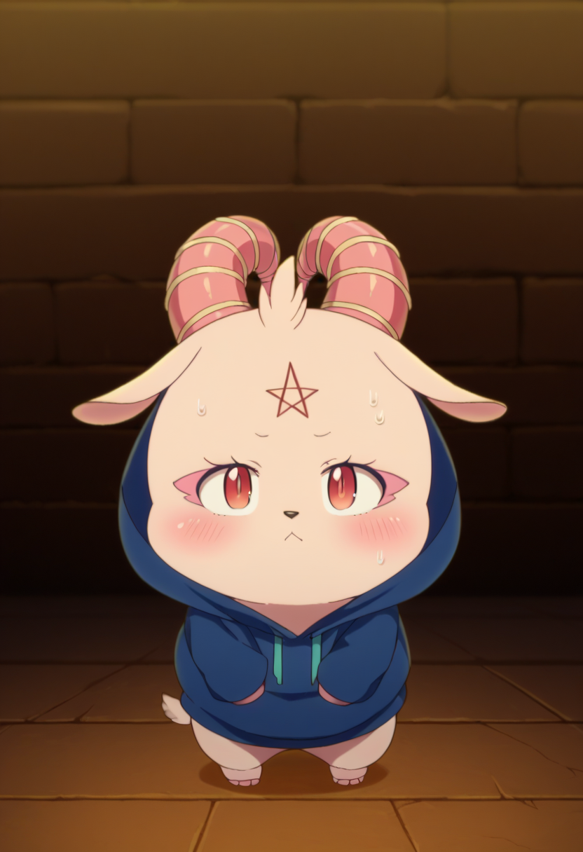 score_9, score_8_up, score_7_up, source_anime BREAK  looking at viewer, solo, full body, 
<lora:GrimDwnstyPdxl:1>, grim_def, no humans, forehead mark, curled horns, pink hrons, pink eyeliner, red eyes, star (symbol), facial mark, blush, :3, animal nose, creature, floppy ears, short tail, blue hoodie, hood, 
<lora:7thPrinzIsekaiDwnstyArtstyle:1>,