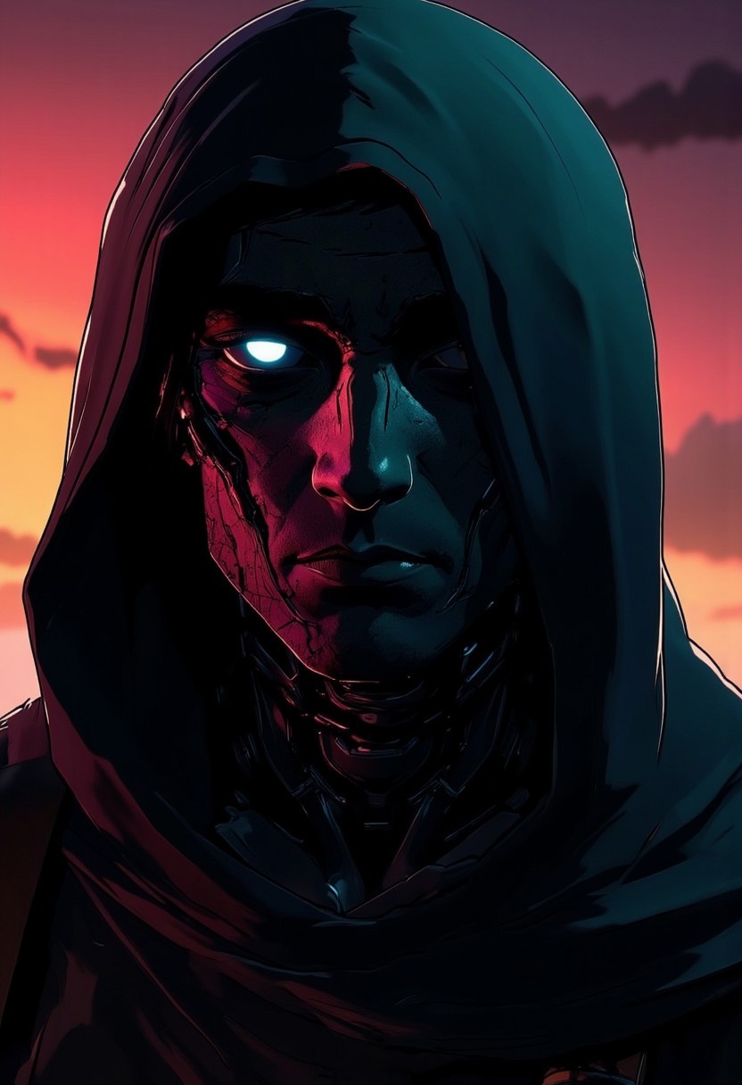 Extreme Sideview closeup, flat color two-toned in bleaked Neon Pink, Blue, and Green hues, cinematic lighting, insane details, deep blacks, An intense action-packed anime scene in a sketch-like style, featuring thick, bold lines with a vibrant translucent color palette. Noface, 
Serene Scene of a Hooded feudal wired-cyborg Ninja infront a moody sunrise, shaded eyes, White eye lines, eye-trails, No-eyed,