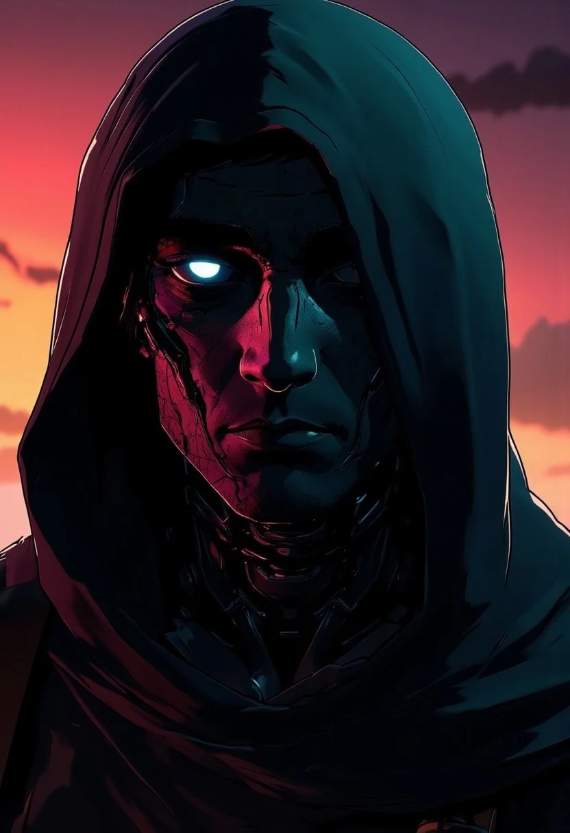 Extreme Sideview closeup, flat color two-toned in bleaked Neon Pink, Blue, and Green hues, cinematic lighting, insane details, deep blacks, An intense action-packed anime scene in a sketch-like style, featuring thick, bold lines with a vibrant translucent color palette. Noface,
Serene Scene of a Hooded feudal wired-cyborg Ninja infront a moody sunrise, shaded eyes, White eye lines, eye-trails, No-eyed,