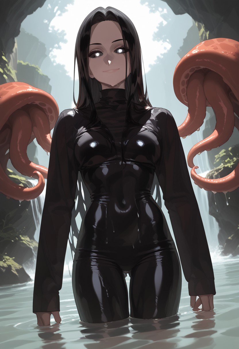 abbystea style, zPDXL2, score_9, score_8_up, score_7_up,  monster girl, beautiful face, tentacles, black body color, long octopus hair:1.2, black body, extremely detailed, skin texture, glistening body, red scales on body, dripping wet body, oiled, long sleeves, white face, black sclera, (shining white eyes), emerging from water, monster body, glossy eyes, arching back, seductive smirk, wicked smile, Expressiveh, mature woman, long hair, fullbody, view from below, dutch angle
