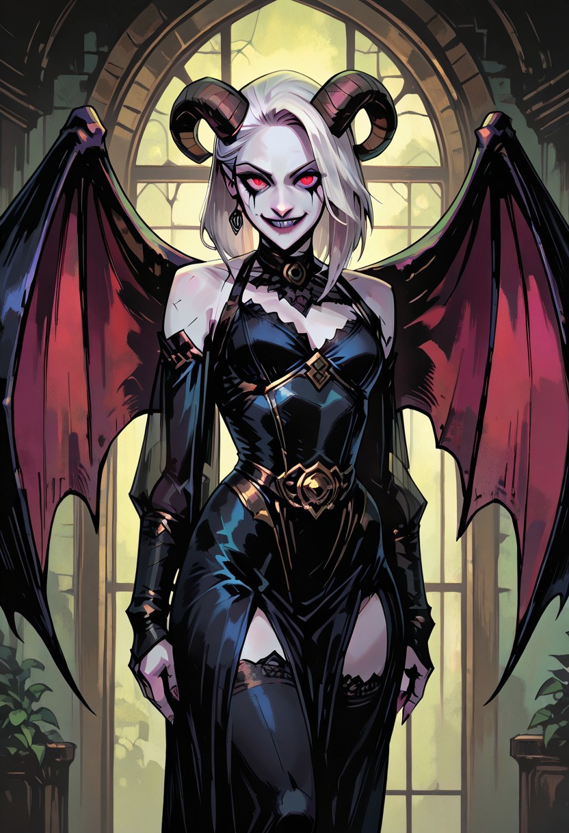 masterpiece, best quality, newest, absurdres, highres, TTCSV1.0, 
1girl, white skin, white colored skin, pale skin, albino, albino skin, horns, demon horns, demon girl, succubus, wings, bat wings, demon wings, goth, goth girl, goth makeup, runny makeup, smile, grin, closed mouth,