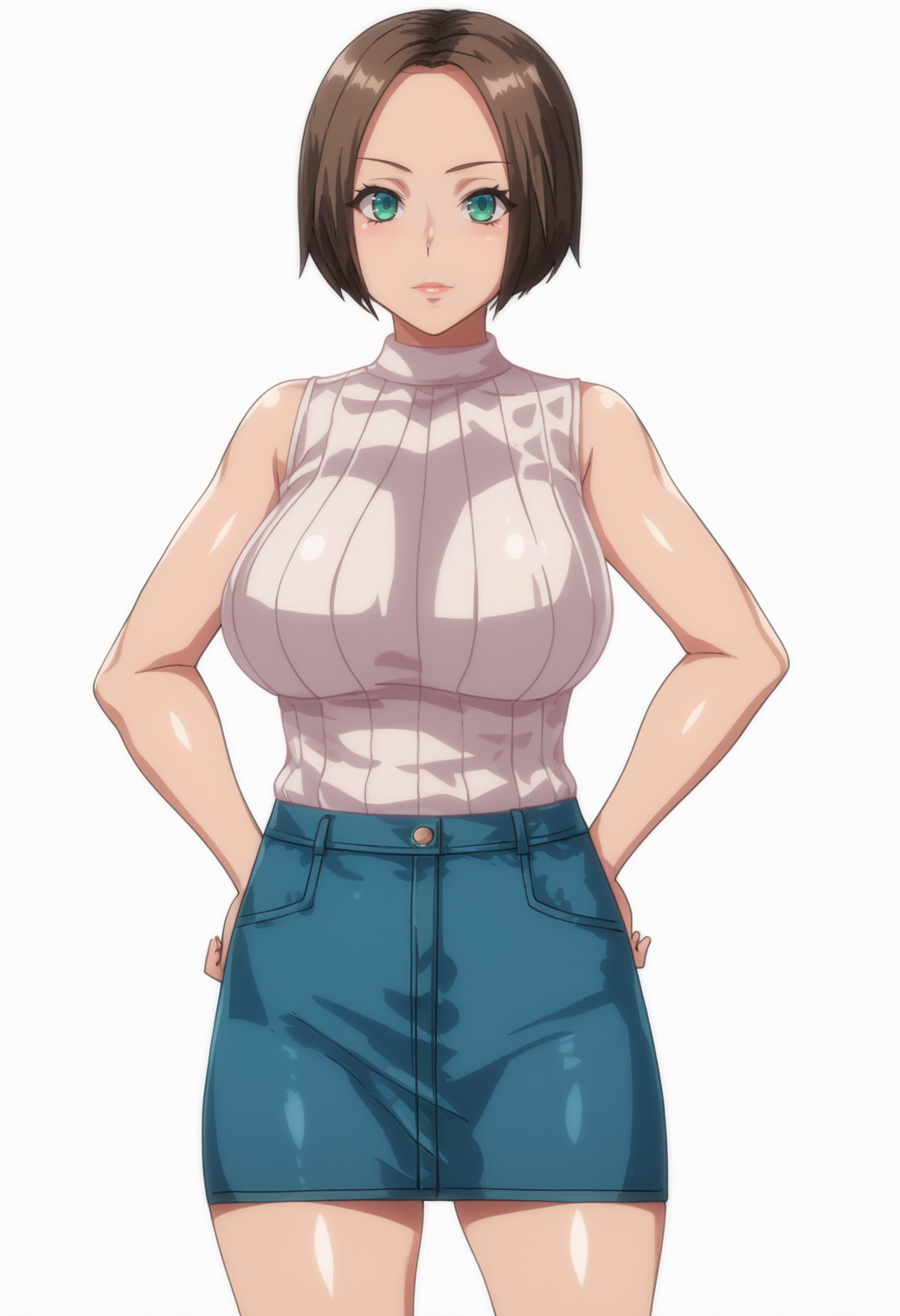 score_9, score_8_up, score_7_up, source_anime, BREAK , 1girl, solo,white background,  <lora:DX888Akari:1> hatsufuji akari,bob cut,  turtleneck sweater, sleeveless, ,skirt, hands on hips, looking at viewer, ribbed sweater, bare shoulders, miniskirt, large breasts,