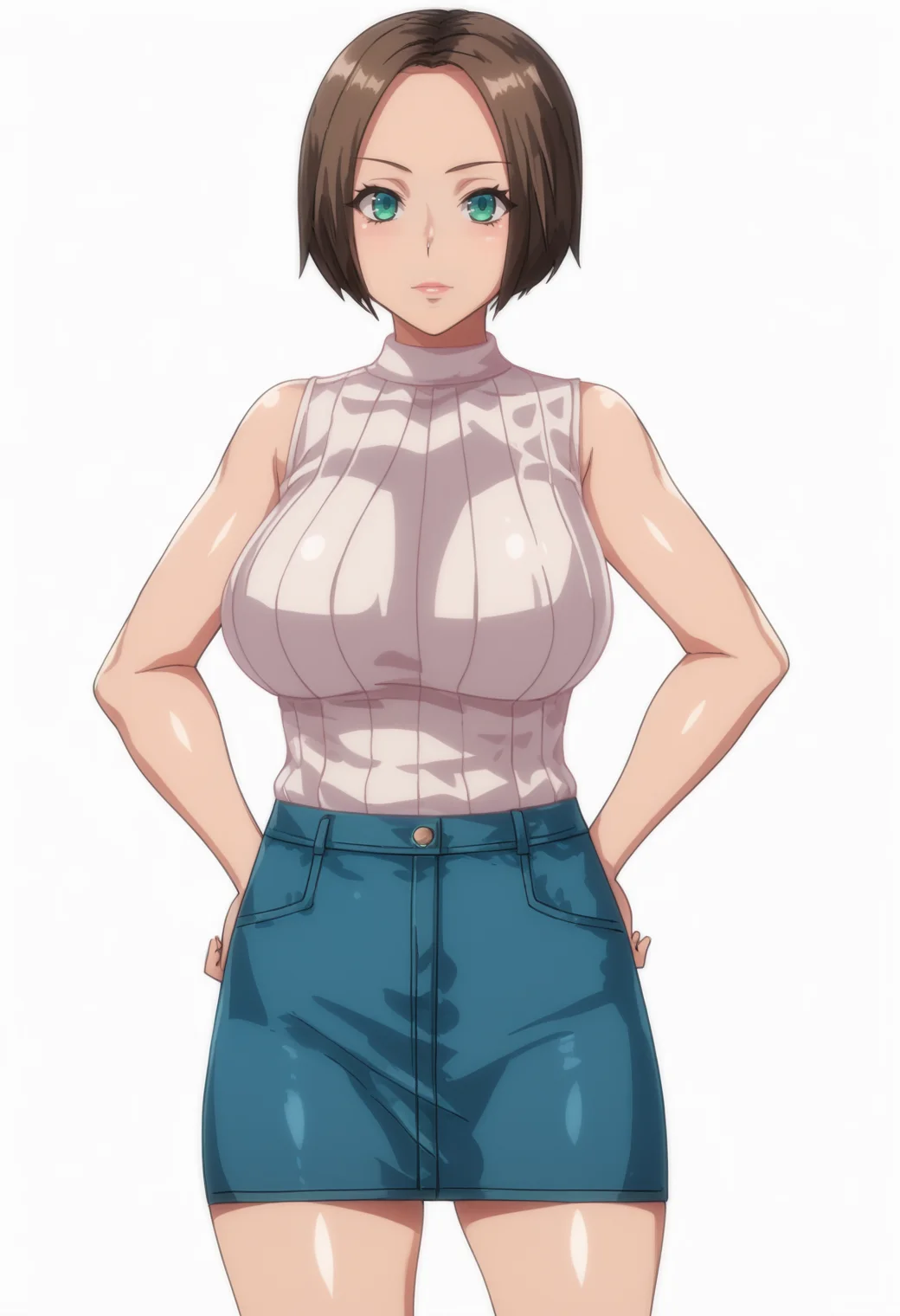 score_9, score_8_up, score_7_up, source_anime, BREAK , 1girl, solo,white background,  <lora:DX888Akari:1> hatsufuji akari,bob cut,  turtleneck sweater, sleeveless, ,skirt, hands on hips, looking at viewer, ribbed sweater, bare shoulders, miniskirt, large breasts,