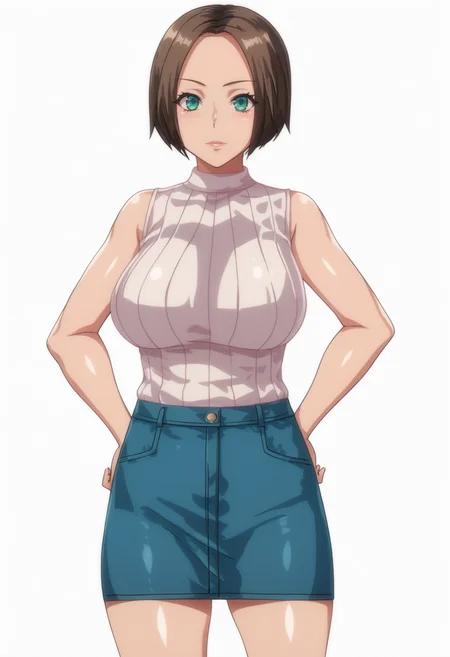 score_9, score_8_up, score_7_up, source_anime, BREAK , 1girl, solo,white background, <lora:DX888Akari:1> hatsufuji akari,bob cut, turtleneck sweater, sleeveless, ,skirt, hands on hips, looking at viewer, ribbed sweater, bare shoulders, miniskirt, large breasts,