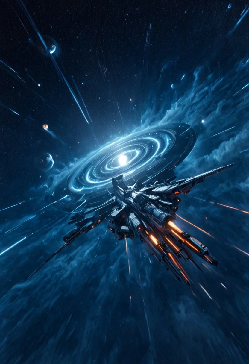 h0rr0rstyl3, CosmicStyle, mid-range orbital shot, sleek chrome spacecraft, corporate-controlled patrol vessels, retrofuturist designs, Cold War-era lines blended with alien engineering, rotating gravity rings, dynamic thruster arrays, flaring blue exhaust trails, soft-glow lighting under sensor domes, neon-coded serial markings, symmetry, drifting past swirling nebula, interstellar corporate security, industrial sci-fi aesthetics, clean paneling with minimal distress, silent formation flight, strategic surveillance positions, dusk-light horizon shimmer