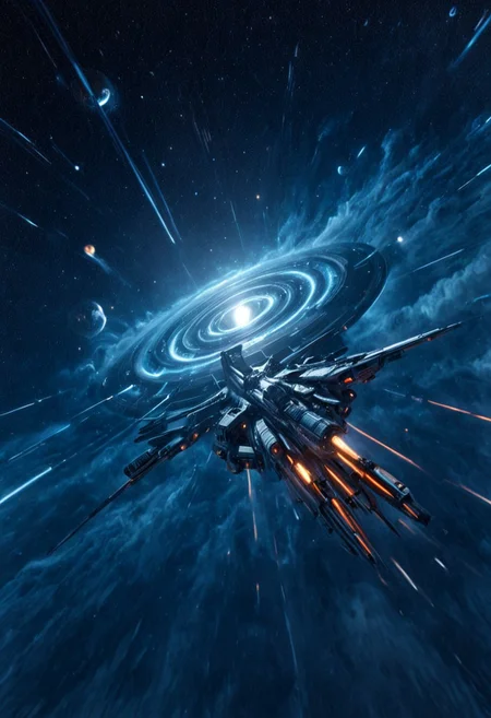 h0rr0rstyl3, CosmicStyle, mid-range orbital shot, sleek chrome spacecraft, corporate-controlled patrol vessels, retrofuturist designs, Cold War-era lines blended with alien engineering, rotating gravity rings, dynamic thruster arrays, flaring blue exhaust trails, soft-glow lighting under sensor domes, neon-coded serial markings, symmetry, drifting past swirling nebula, interstellar corporate security, industrial sci-fi aesthetics, clean paneling with minimal distress, silent formation flight, strategic surveillance positions, dusk-light horizon shimmer