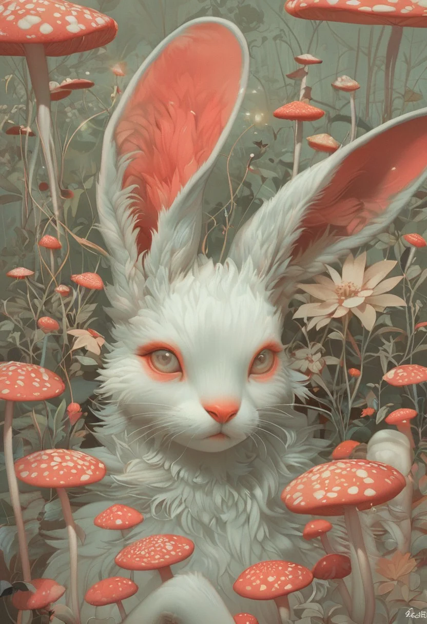 Score_9, score_8_up, score_7_up, score_6
(dim lighting, light particles, highres, closed_mouth:1.4, absurdres)
Fl0ralD0lls
solo, flower, artist name, signature, no humans, animal, leaf, white mushroom, rabbit, curious, plant, psychedelic mushroom, vibrant mushroom, colorful mushroom, realistic, animal focus, soft fur, long ears