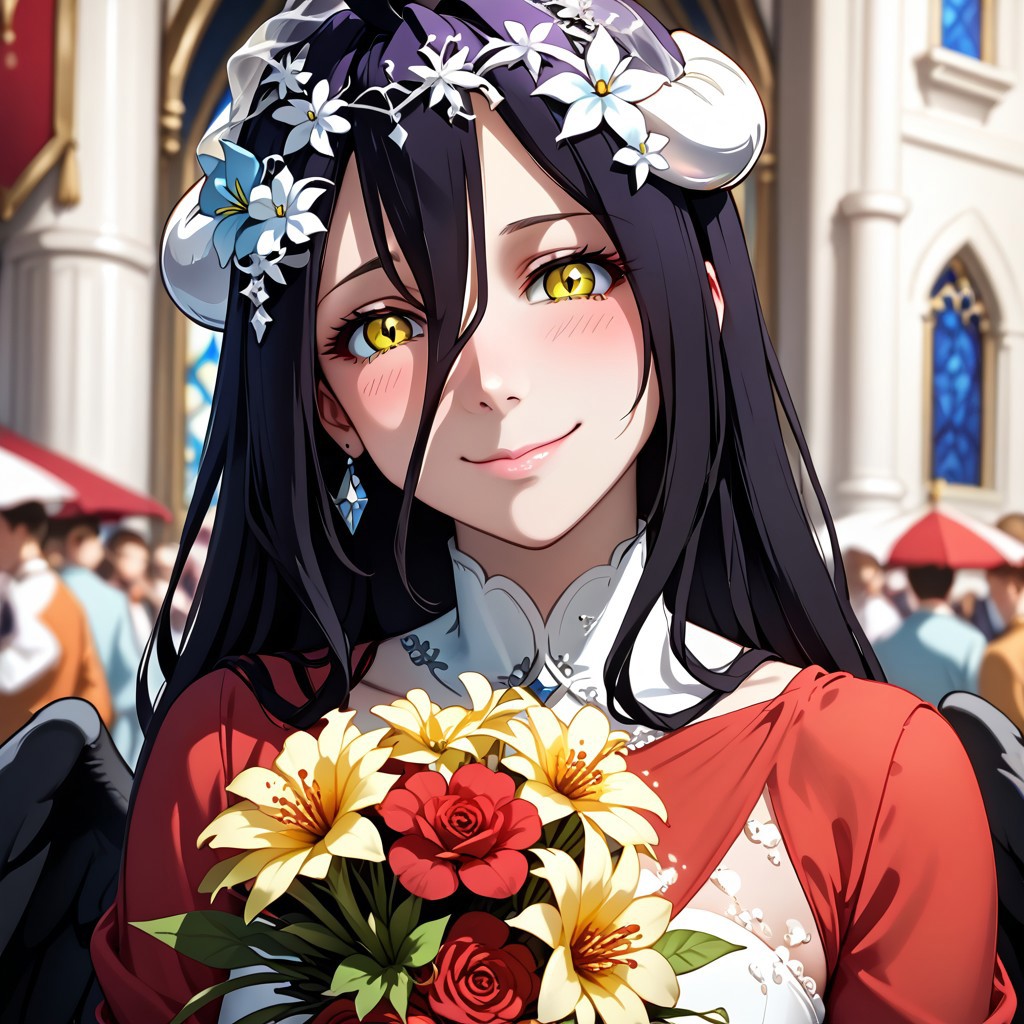 score_9, score_8_up, score_7_up, masterpiece, best quality, absurdres, vibrant, highly detailed, very aesthetic, solo focus, eye_focus, close-up, 
BREAK 
1girl, solo, slimes_albedo, black wings, ahoge, flower hair ornament, wedding dress, bouquet, looking_at_viewer, closed mouth, smile, blush, 
BREAK 
indoors, grand marriage, lined-up crowd, faceless crowd, luxurious castle background, blurry background