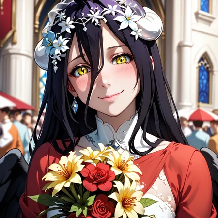 score_9, score_8_up, score_7_up, masterpiece, best quality, absurdres, vibrant, highly detailed, very aesthetic, solo focus, eye_focus, close-up,
BREAK
1girl, solo, slimes_albedo, black wings, ahoge, flower hair ornament, wedding dress, bouquet, looking_at_viewer, closed mouth, smile, blush,
BREAK
indoors, grand marriage, lined-up crowd, faceless crowd, luxurious castle background, blurry background