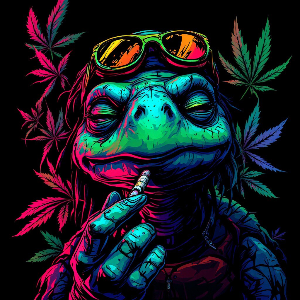 Retro pop art, animated semi real comic Portrait of a Jamaica turtle smoking weed joint, slightly closed eyes, comical spaced out look on face, lethargic, cybergoth rasta, nu-goth rasta, post apocolytic,  multicolor neon tones, wabi-sabi art, abstract, punk collage, urbanpunk rasta, random textures, random graffiti strokes, Impermanence, vintage abstract composition, weed leaves, dynamic angles,  dynamic pose,  8k, ultra violet,  black background with luminous weed leaves