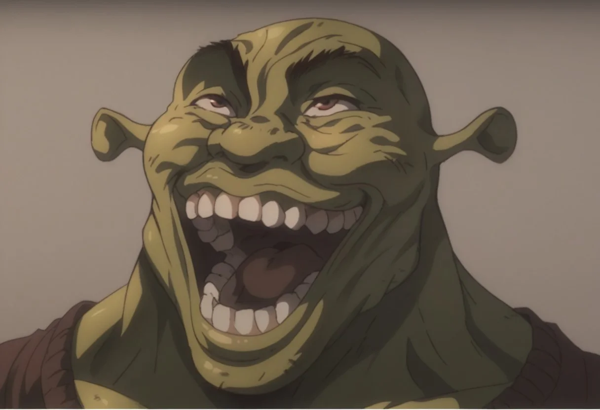 score_9, score_8_up, score_7_up, 1 boy, Yujirohanmalaugh. Yujirolaugh. smile. teeth. grin. open mouth. shrek, green skin, bald