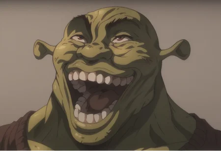 score_9, score_8_up, score_7_up, 1 boy, Yujirohanmalaugh. Yujirolaugh. smile. teeth. grin. open mouth. shrek, green skin, bald