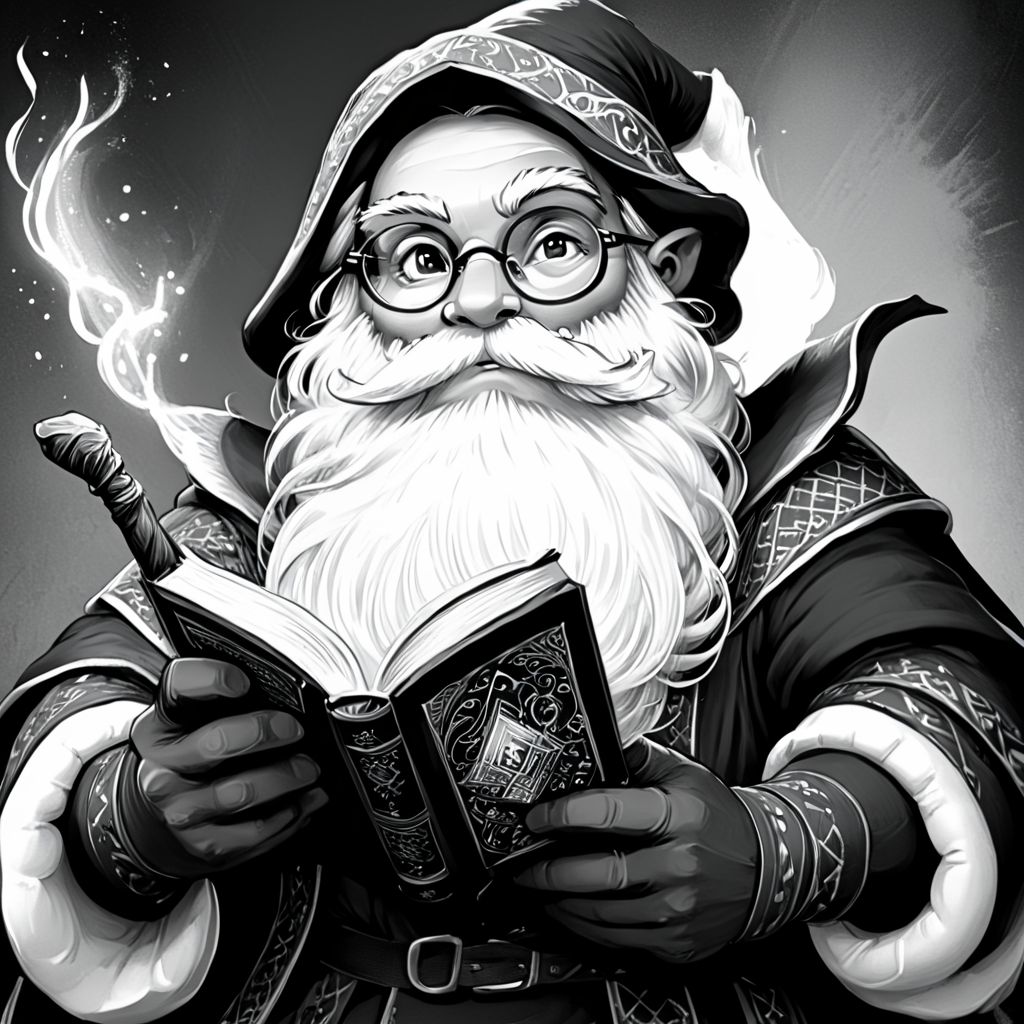 <lora:DnDBWIllustration:1> ArsMJStyle, DnDBWIllustration, wizard, The image shows a black and white illustration of a man with a long beard and glasses holding a book in his hands. He is wearing a costume and the background is dark., greyscale, 1boy, monochrome, male focus, book, solo, facial hair, glasses, beard, gloves