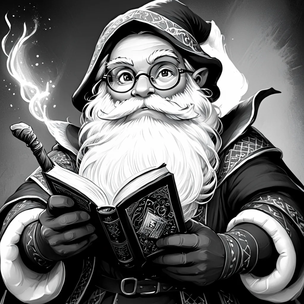 <lora:DnDBWIllustration:1> ArsMJStyle, DnDBWIllustration, wizard, The image shows a black and white illustration of a man with a long beard and glasses holding a book in his hands. He is wearing a costume and the background is dark., greyscale, 1boy, monochrome, male focus, book, solo, facial hair, glasses, beard, gloves