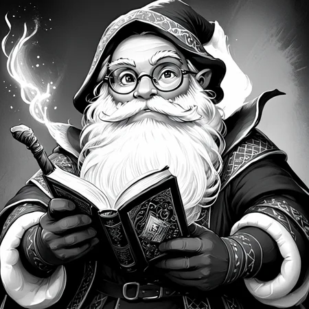 <lora:DnDBWIllustration:1> ArsMJStyle, DnDBWIllustration, wizard, The image shows a black and white illustration of a man with a long beard and glasses holding a book in his hands. He is wearing a costume and the background is dark., greyscale, 1boy, monochrome, male focus, book, solo, facial hair, glasses, beard, gloves