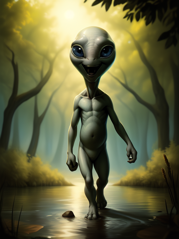 <lora:PaulAlienYif:1> PaulAlienYif, Alien, gray skin, slippery skin, nude, naced, blue eyes, small body, chibi,  four fingers, 
[ clear sunny day, the sun is shining, Forest, grass, bushes, flowers, day, sun, lake, gray stones,], beautiful  
(beautiful, aesthetic, perfect, delicate, intricate, saturated colors), masterpiece, digital drawing, best quality, <lora:mdchibi:0.3> chibi, <lora:TeethXL:1> teeth
( three fingers), orgasm face, Looks at the viewer, Male, Detailed multicolored fur, small details in the background, walking,
by Scavy, by Nicola Samori, by Zack Snyder, by Ferdinand Knab
