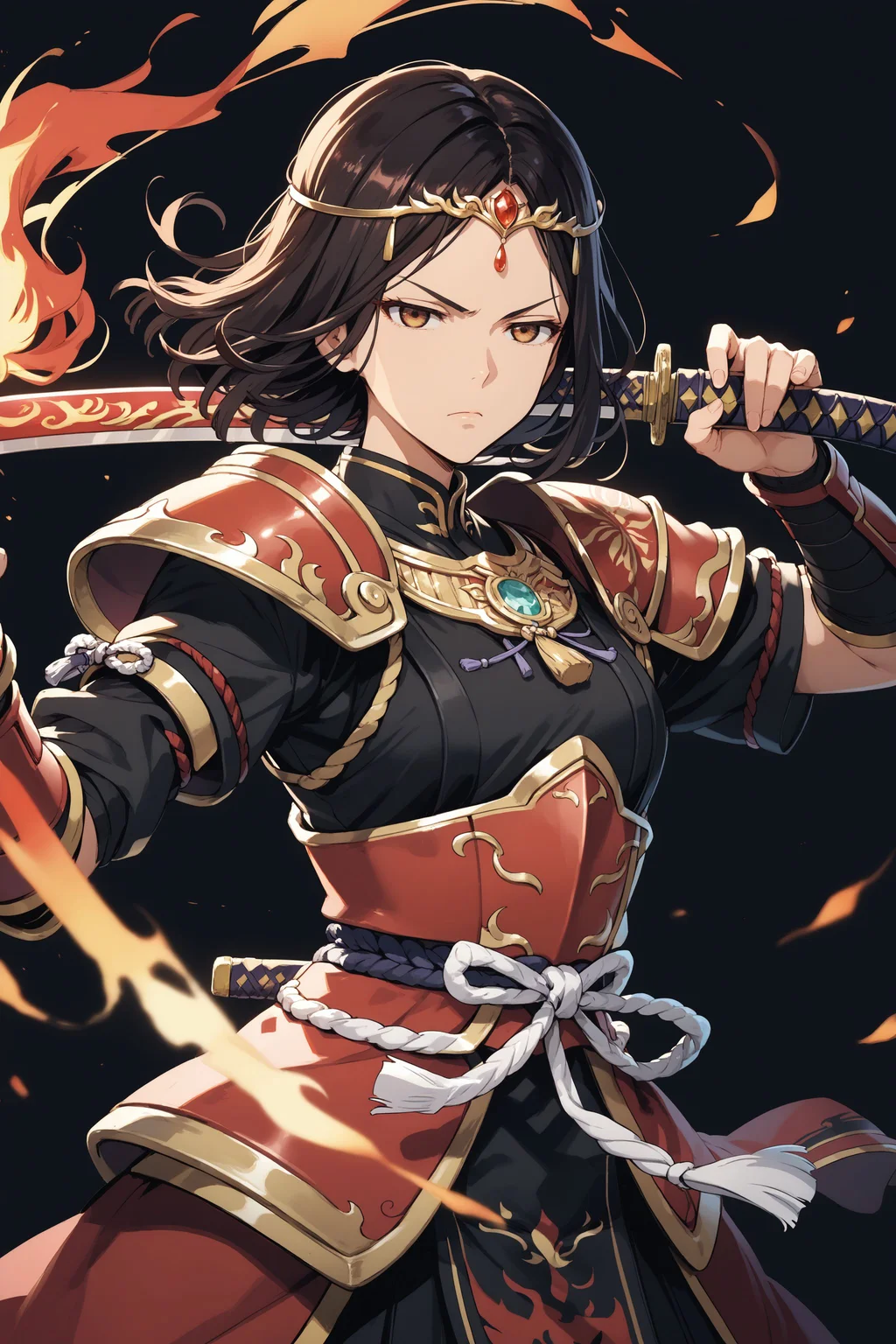 score_max, (score_9, score_8_up, score_7_up:1.2), score_6_up, official art, source_anime,
, masterpiece, absurdres, high detail, 8k,
black background, flaming weapon, pyrokinesis, cowboy shot,
fighting stance, holding katana, serious, half-closed eyes,
dolma, black hair, circlet, forehead jewel, japanese armor, red armor, gold trim, black shirt,
<lora:XL_Pony_anime-lupin5-dolma-t1:1>
