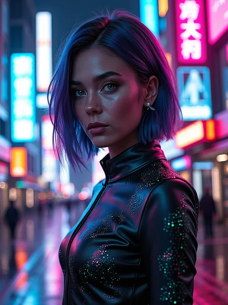 Upper body portrait of a woman standing in a vibrant, futuristic cyberpunk city, neon lights casting a kaleidoscope of colors across her detailed skin, with visible pores adding to the realism of her appearance. Her intense gaze is focused forward, piercing through the neon-lit haze, with sharp, defined features and high cheekbones. Her hair, cut into a sleek bob, has streaks of electric blue and purple, reflecting the neon glow around her. Sheâs wearing a sleek, form-fitting jacket made of metallic fabric, adorned with glowing circuitry patterns that pulse softly in sync with the city lights. The background is a bustling cityscape with towering holographic billboards, rain-slicked streets reflecting the vibrant colors, and a mix of futuristic architecture and gritty alleyways. Her lips are slightly parted, with a subtle metallic sheen that catches the light, and her detailed skin shows a mix of soft freckles and a slight sheen from the rain, conveying a sense of resilience and strength in this dystopian yet mesmerizing environment, <lora:detailed_skin_portraits-000005:0.6>