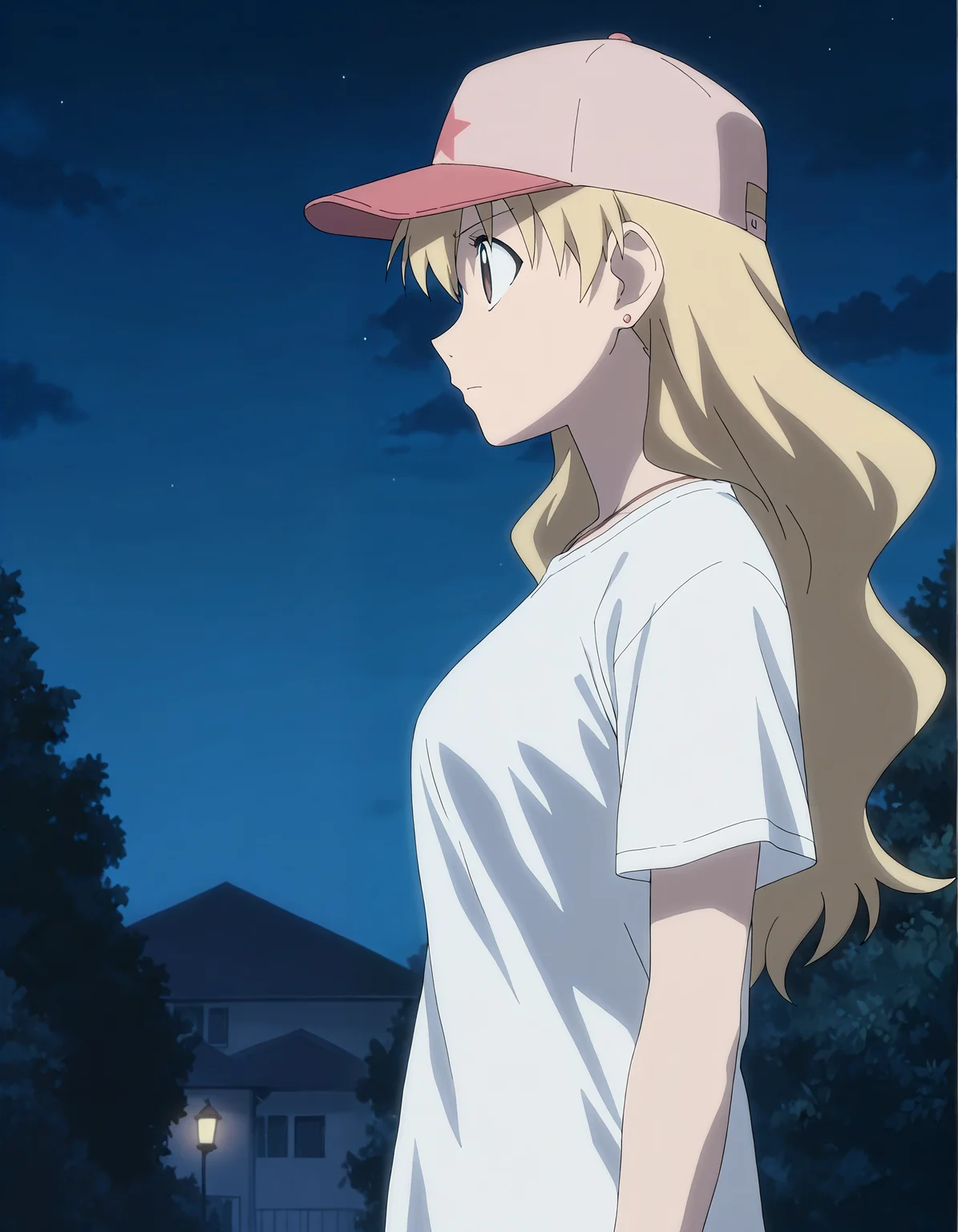 masterpiece, best quality, good quality, newest, highres, absurdres,<lora:Azumanga_style-000013:1>,azumanga_illu, style parody,anime screenshot, solo, long hair, shirt, hat, blonde hair, 1girl, night, white shirt, from side, profile, standing, jewelry, short sleeves, outdoors, sky, closed mouth
