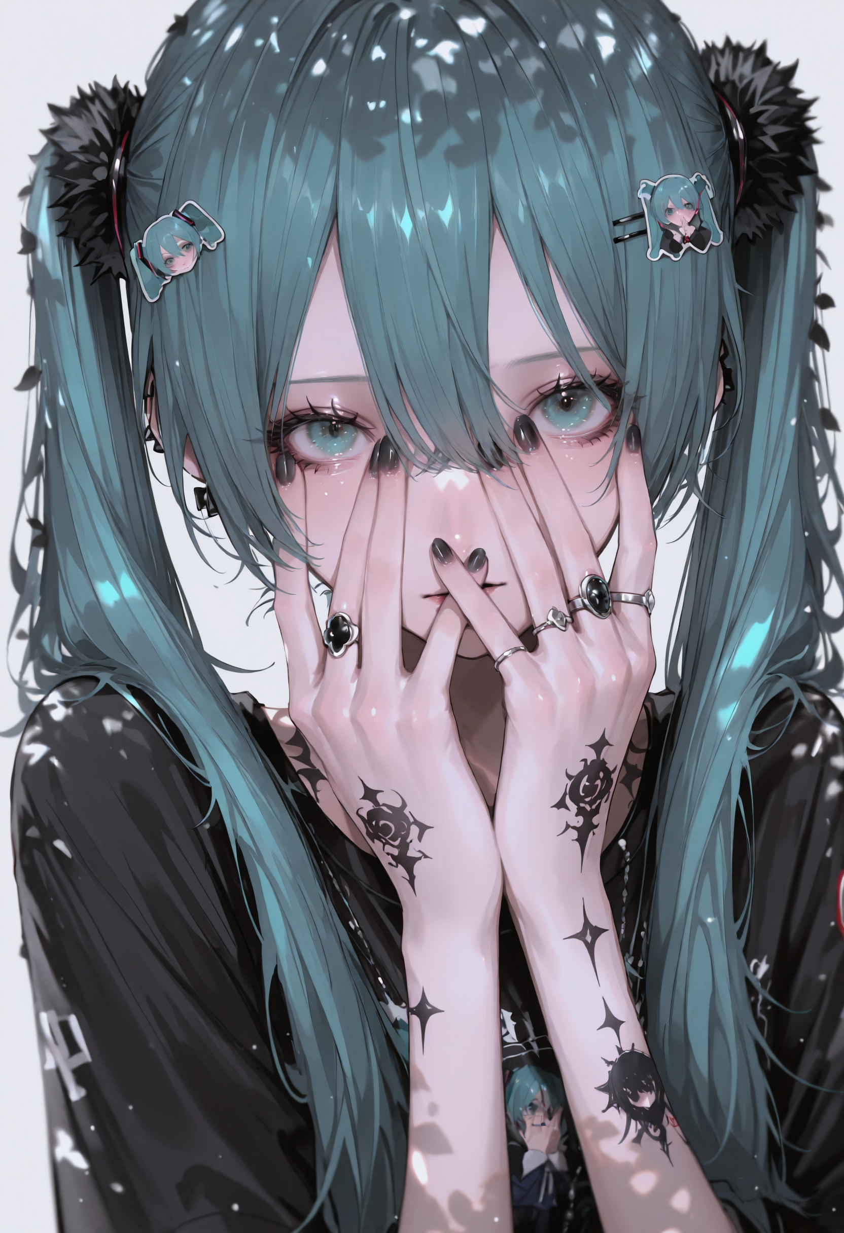 masterpiece, best quality, newest, absurdres, highres, very awa, anime screencap, no lineart:1.3, sketch, korean, aegyo sal, ambient occlusion, depth of field, simple background, grey background, ethereal glow, ethereal particles, dappled light, hatsune miku, 1girl, solo, tattoo, twintails, looking at viewer, arm tattoo, aqua eyes, aqua hair, long hair, portrait, nail polish, one eye covered, hand tattoo, black shirt, shirt, simple background, hair ornament, covering face, black nails, jewelry, twitter username, sticker, hair between eyes, hands up, eyelashes, ring, upper body, eye focus, hand over face