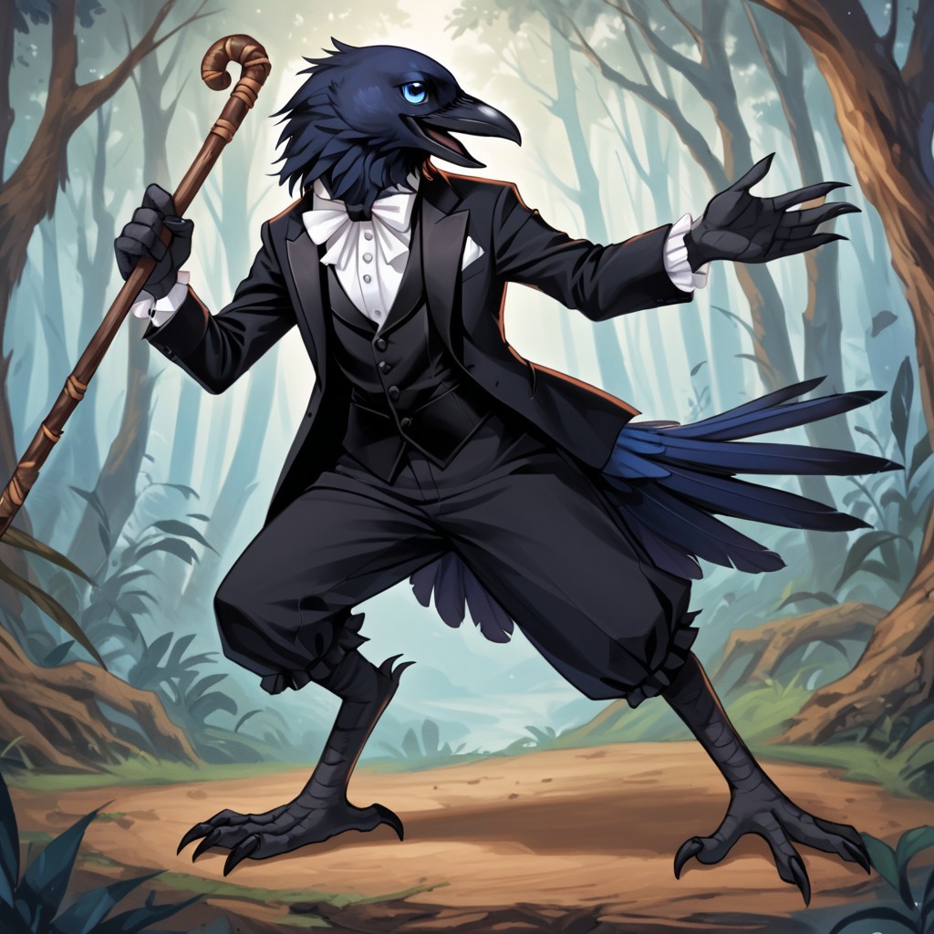 (((detailed, beautiful, high quality))), score_9, score_8_up, score_7_up, ((solo)), dynamic pose, fighting pose,
kenku, anthro bird, anthro crow, plumage,
1 boy, male focus, blue eyes, black tuxedo, white frill, holding a cane,
looking at viewer, posing,
fantasy background, blurred background, forest background,
