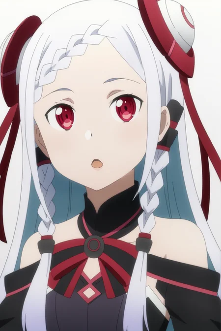 1girl,solo,open mouth,braid,red eyes,long hair,braided bangs,hair ornament,ribbon,red ribbon,twin braids,hair ribbon,white hair,looking at viewer,hair bun,upper body,small breasts,(white background:1.2),