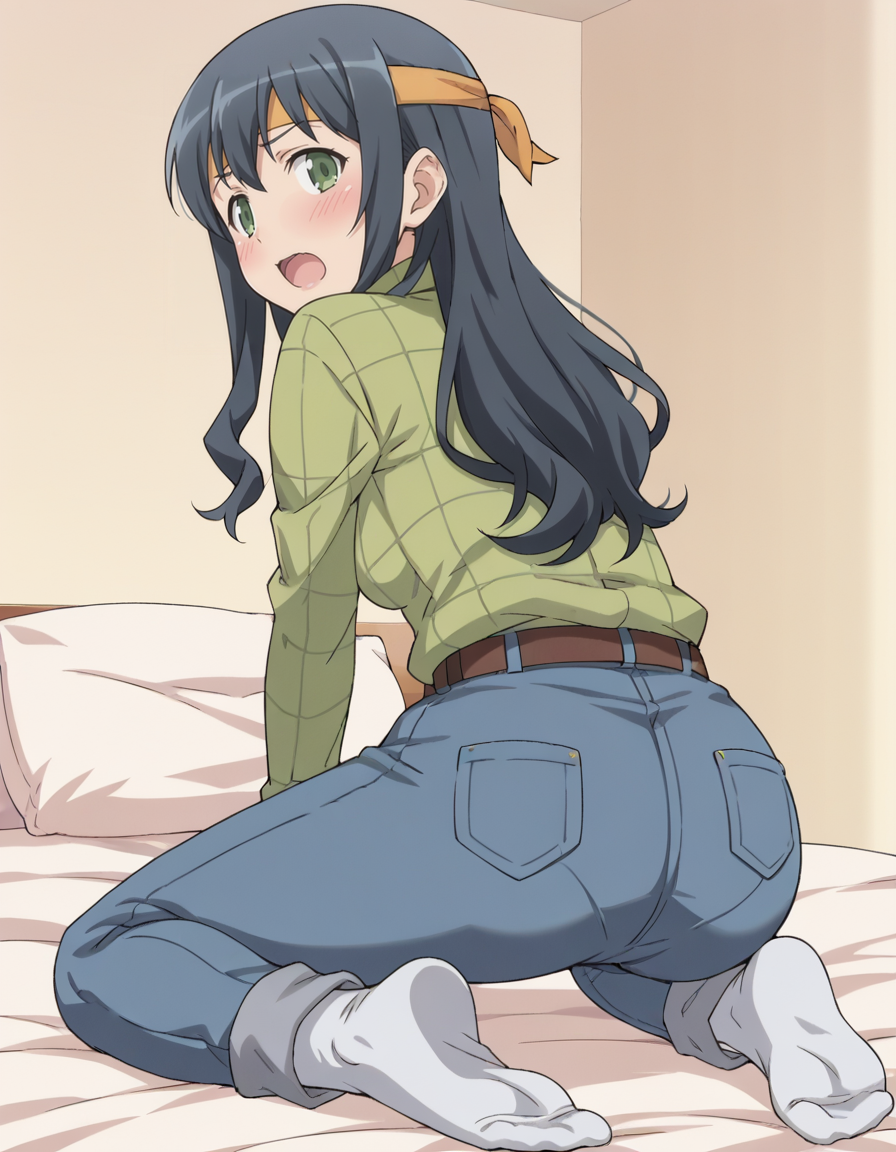 score_9, score_8_up, score_7_up, score_6_up, score_5_up, score_4_up, source_anime, anime screencap, BREAK 1girl, solo, bed, kneeling, from behind, looking back, blush, open mouth,
<lora:Makishima_Saori_Pony:1> makishima_saori, black hair, grey hair, saori_bageena, green eyes, long hair, headband, green shirt, denim jeans, belt, socks,