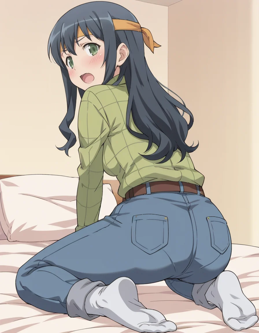 score_9, score_8_up, score_7_up, score_6_up, score_5_up, score_4_up, source_anime, anime screencap, BREAK 1girl, solo, bed, kneeling, from behind, looking back, blush, open mouth,
<lora:Makishima_Saori_Pony:1> makishima_saori, black hair, grey hair, saori_bageena, green eyes, long hair, headband, green shirt, denim jeans, belt, socks,