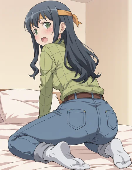 score_9, score_8_up, score_7_up, score_6_up, score_5_up, score_4_up, source_anime, anime screencap, BREAK 1girl, solo, bed, kneeling, from behind, looking back, blush, open mouth,
<lora:Makishima_Saori_Pony:1> makishima_saori, black hair, grey hair, saori_bageena, green eyes, long hair, headband, green shirt, denim jeans, belt, socks,