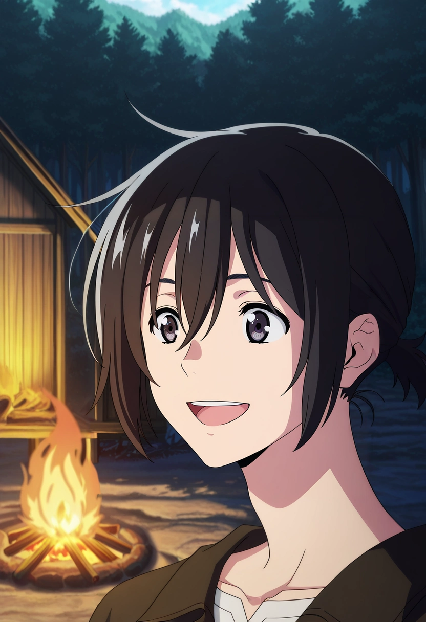 masterpiece, best quality, , anime screencap, anime coloring, official style,, 1boy, solo, male focus, <lora:mio_chibana_ilxl:0.98>, mio_chibana, black hair, black eyes, short hair, hair between eyes, short ponytail, focused, cabin, forest, campfire, day, singing, smile,