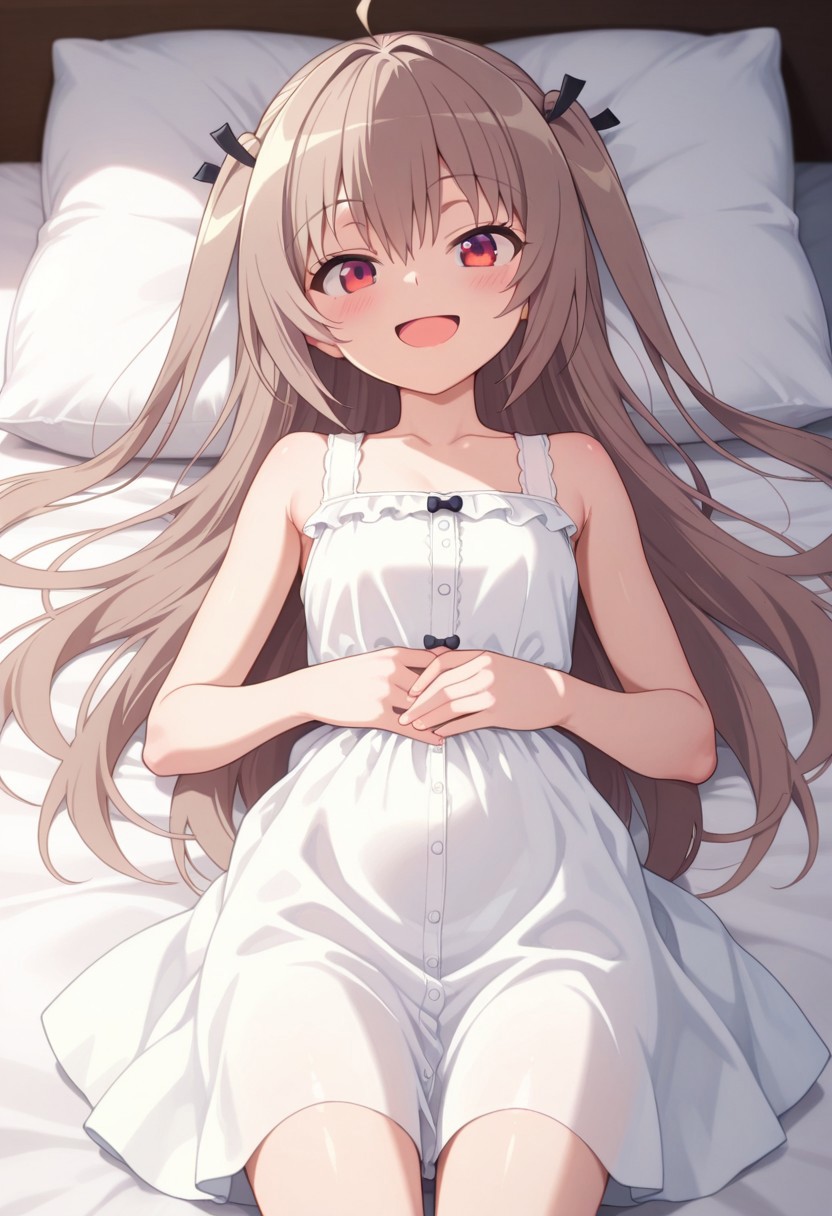 masterpiece,best quality,amazing quality, atri, long hair, brown hair, red eyes, 1girl, solo, pillow, lying, on back, dress, looking at viewer, smile, two side up, white dress, sleeveless, collarbone, sleeveless dress, open mouth
