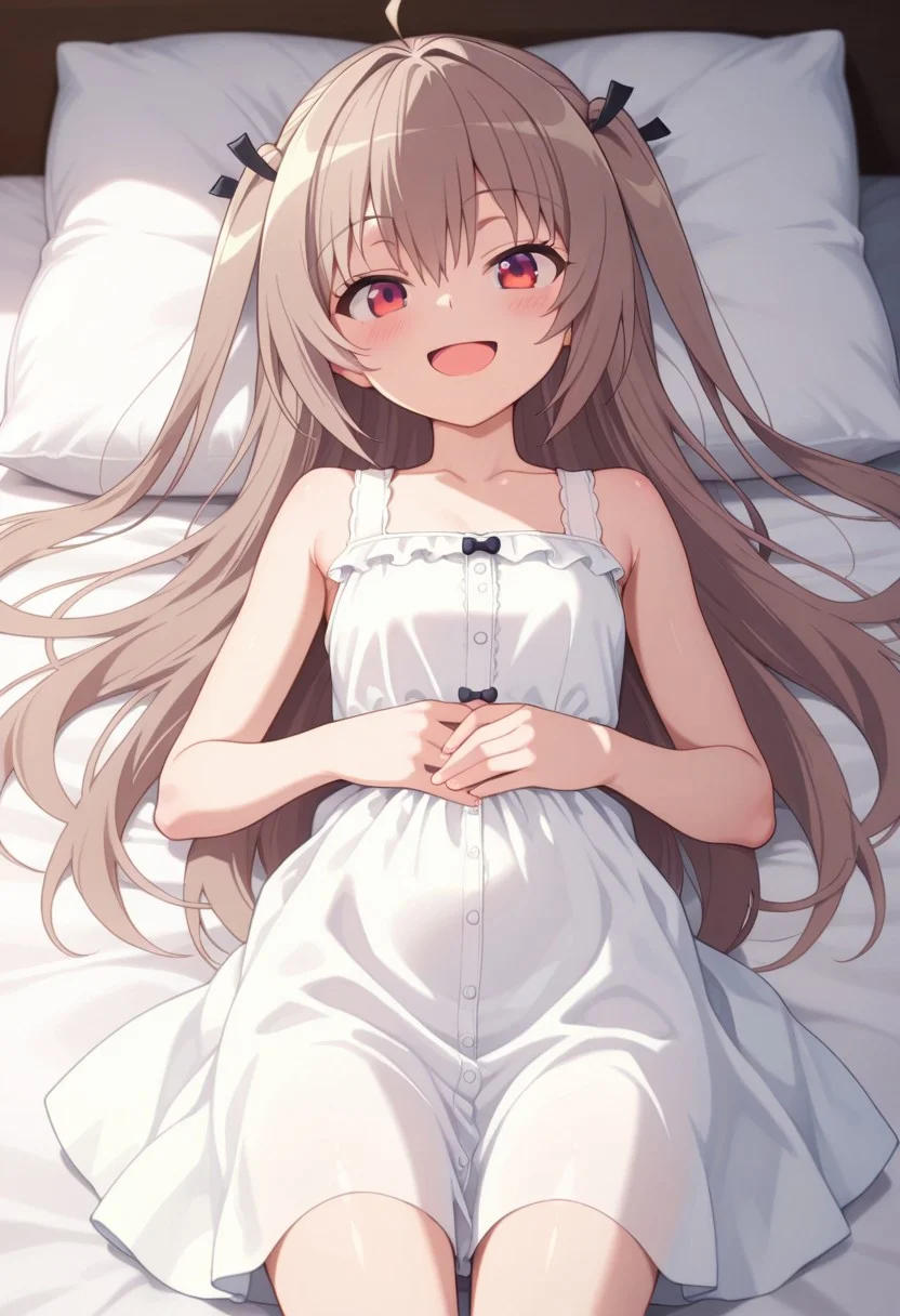 masterpiece,best quality,amazing quality, atri, long hair, brown hair, red eyes, 1girl, solo, pillow, lying, on back, dress, looking at viewer, smile, two side up, white dress, sleeveless, collarbone, sleeveless dress, open mouth