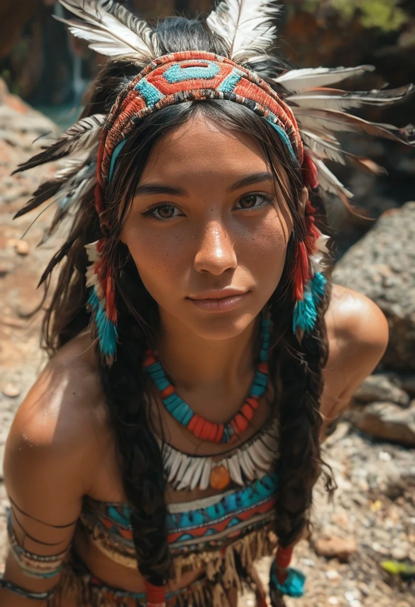 zPDXLrl, score_9, score_8_up, score_7_up, Anime Style, face focus, detailed face, looking at viewer, Full Body Shot, girl, native american,cute, seductive, innocent, light smile:0.3, plump lips, slender body, 20yo, adorned with traditional regalia and feathers, standing, Canyon background, dynamic angle detailed Native American tribal dress, depth of field, dynamic angle, fashion photography, sharp, hyperdetailed, masterpice, fFaceDetail, eye catching,, pureerosface_v1