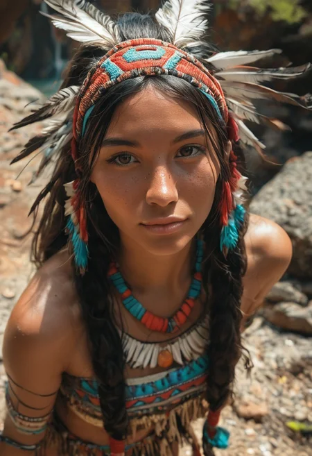 zPDXLrl, score_9, score_8_up, score_7_up, Anime Style, face focus, detailed face, looking at viewer, Full Body Shot, girl, native american,cute, seductive, innocent, light smile:0.3, plump lips, slender body, 20yo, adorned with traditional regalia and feathers, standing, Canyon background, dynamic angle detailed Native American tribal dress, depth of field, dynamic angle, fashion photography, sharp, hyperdetailed, masterpice, fFaceDetail, eye catching,, pureerosface_v1
