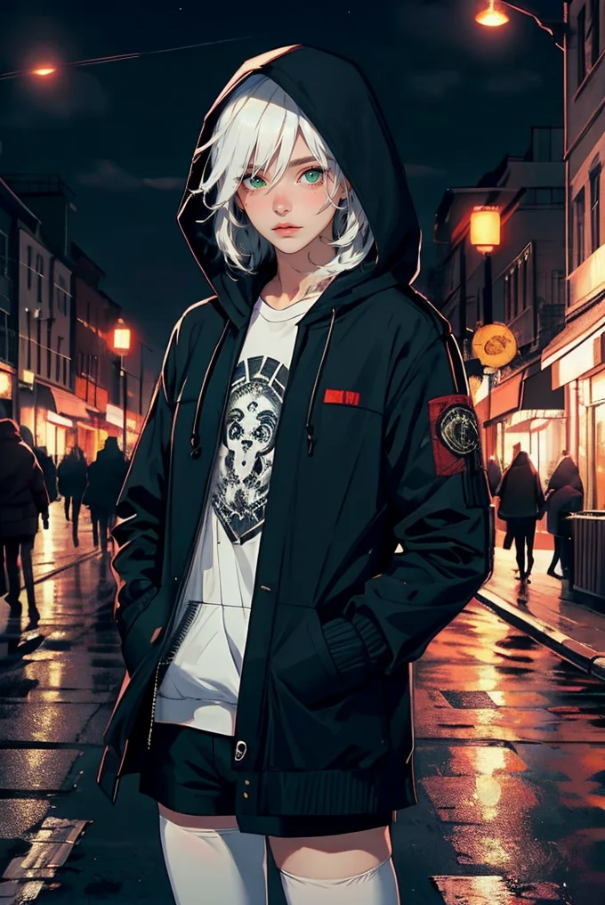 (masterpiece, best quality, high quality, highres, ultra-detailed), 
solo, green eyes, hood, long hair, street lights, looking at viewer, outdoors, hood down, building, sign, night, hands in pockets, city, thighhighs, white hair, bangs, scenery, long sleeves, skyscraper, jacket, pantyhose, cityscape, black thighhighs, 
<lyco:NijiJourney-LyCoris-V6:0.8>, AS-Adult, Asian-Less, OverallDetail, SkinHairDetail,