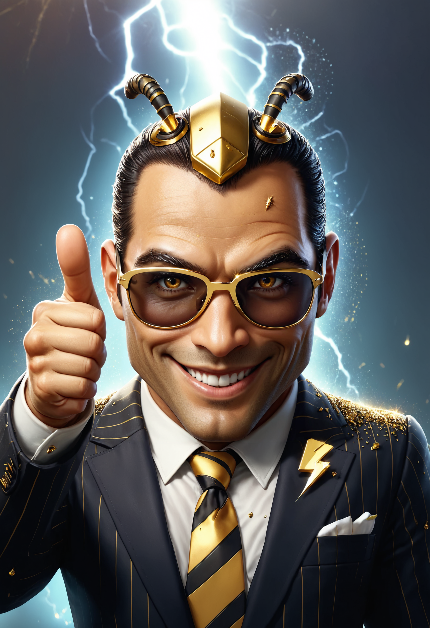 gangster anthropomorphic male bee with sunglasses, manly, creepy smile, striped necktie, bolts, gold dust particles, thumbs up, hive background
<lora:dvr-bzz:0.8> dvr-bzz