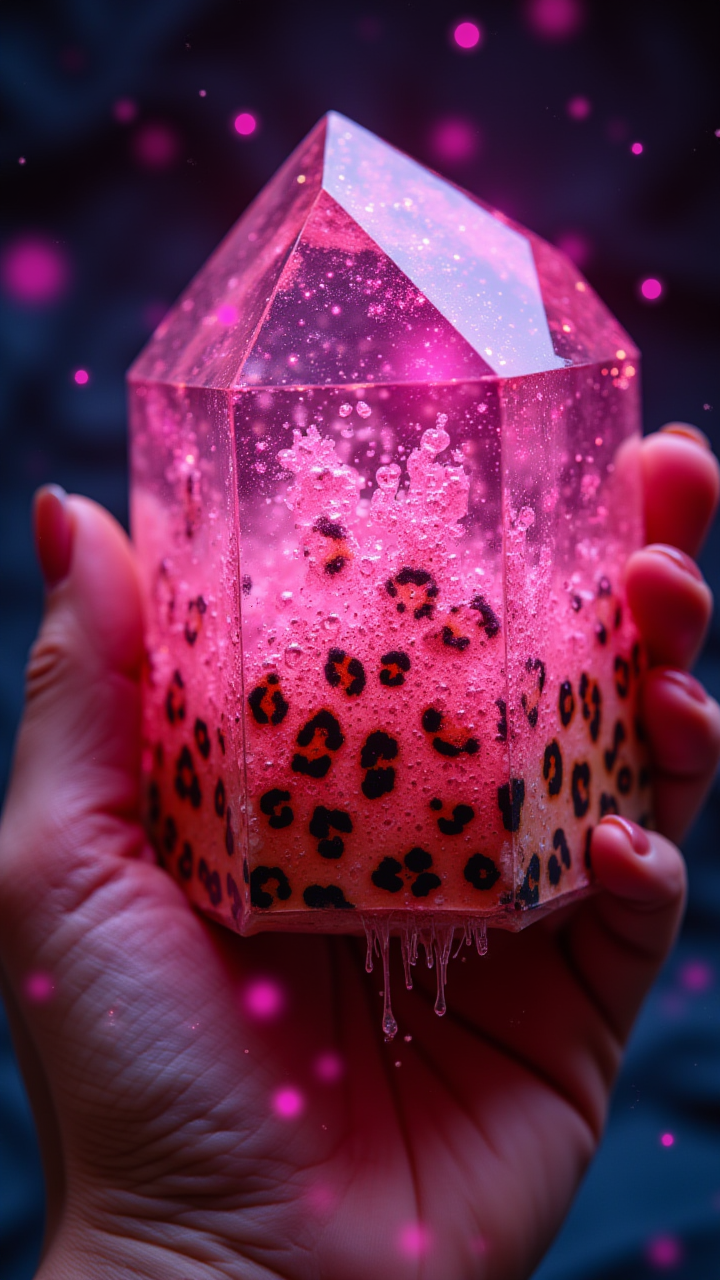 A close-up of a hand holding a Glamorous, magical crystal with dripping leopard print and pink energy inside. detailmaximizer