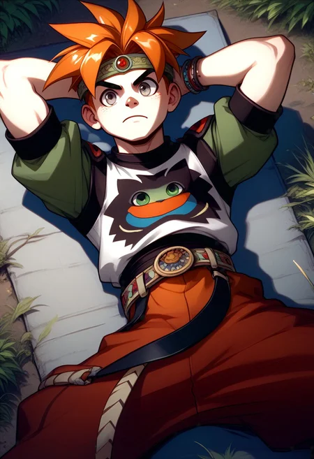 score_9, score_8_up, score_7_up, source_furry, FMW1, 1boy, (gradient eyes:1.5), terranigmark, spiky orange hair, pauldrons with faces, jeweled headband, print shirt, green sleeves, bracelets, belt with dangling straps, red baggy pants, outdoors, grassland, (view from above:1.5), lying down, hands behind head,