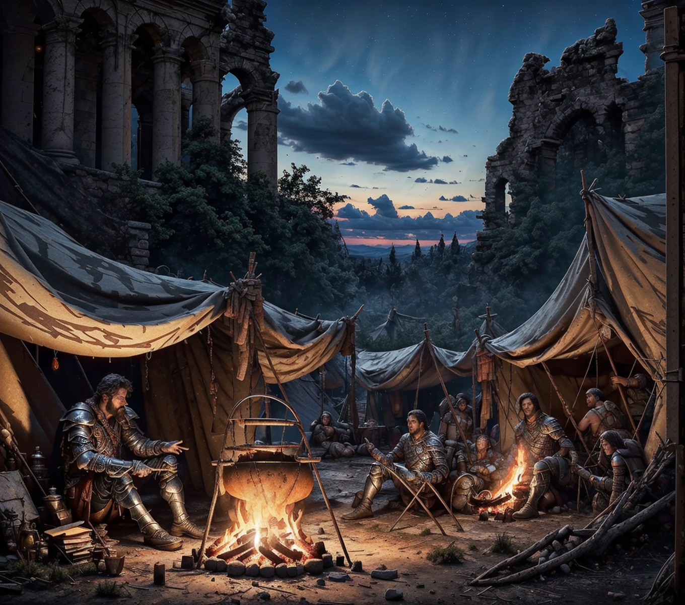 RAW photo, (masterpiece:1.3), subsurface scattering, heavy shadow, (high quality:1.4), (intricate, high detail:1.2), professional photography, HDR, High Dynamic Range, realistic, ultra realistic, photorealistic, high resolution, film photography, ambient lighting, atmospheric effects, <lora:detail_slider_v4:2>, OverallDetail,  <lora:Campsite:1>, 1boy, armor, bandaged arm, banner, barrel, book, burning, campfire, campsite, cloud, facial hair, fire, jewelry, nature, night, night sky, outdoors, river, ruins, scenery, sitting, sky, tent, tree