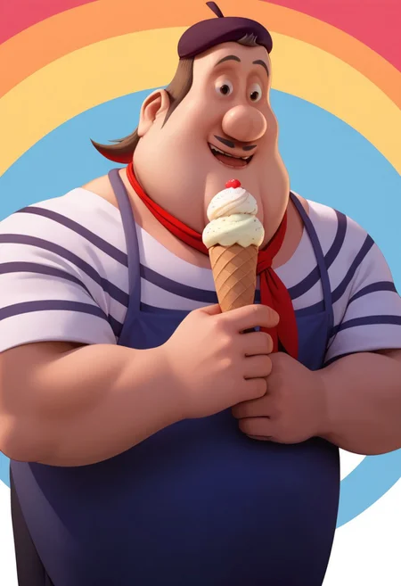 score_9, score_8_up, score_7_up, score_6_up, source_anime, masterpiece, high quality, 8k, ((André, short hair, brown hair, black eyes, small thin mustache, brown mustache, a big round belly, broad shoulders, a chubby neck, white t-shirt, blue stripes, rolled up sleeves, dark-gray pants, dark-blue beret, headwear, a red scarf around his neck, a blue pron)), smile, ice-cream cone on hand, BREAK, simple background, colorful background,