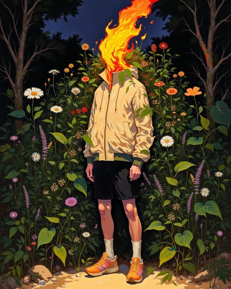DB4RZ style painting, person with head replaced by flames, standing in the middle of dense foliage with various plants and flowers, wearing a light-colored jacket and black shorts, dark background with hints of trees and plants