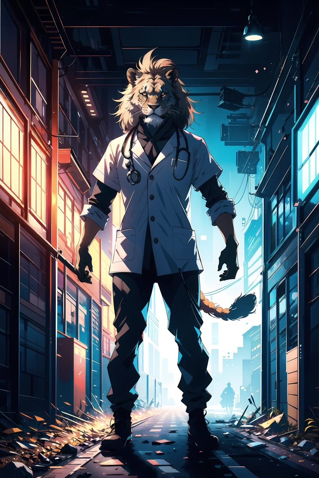 A cute Kawaii tiny hyper realistic lion doctor, wearing doctor clothes, hopsital background. wide angle full body, Cinematography, photorealistic,epic composition Unreal Engine,Cinematic, Color Grading, Portrait Photography,Ultra-Wide Angle, Depth of Field, hyper detailed