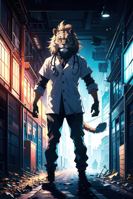 A cute Kawaii tiny hyper realistic lion doctor, wearing doctor clothes, hopsital background. wide angle full body, Cinematography, photorealistic,epic composition Unreal Engine,Cinematic, Color Grading, Portrait Photography,Ultra-Wide Angle, Depth of Field, hyper detailed