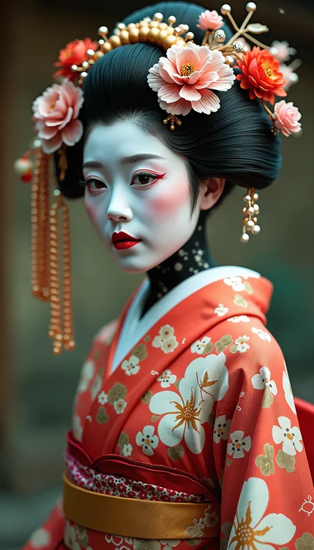 Android, geisha, with robotic parts, in flowery kimono, Intricate details, 8k, cinematic