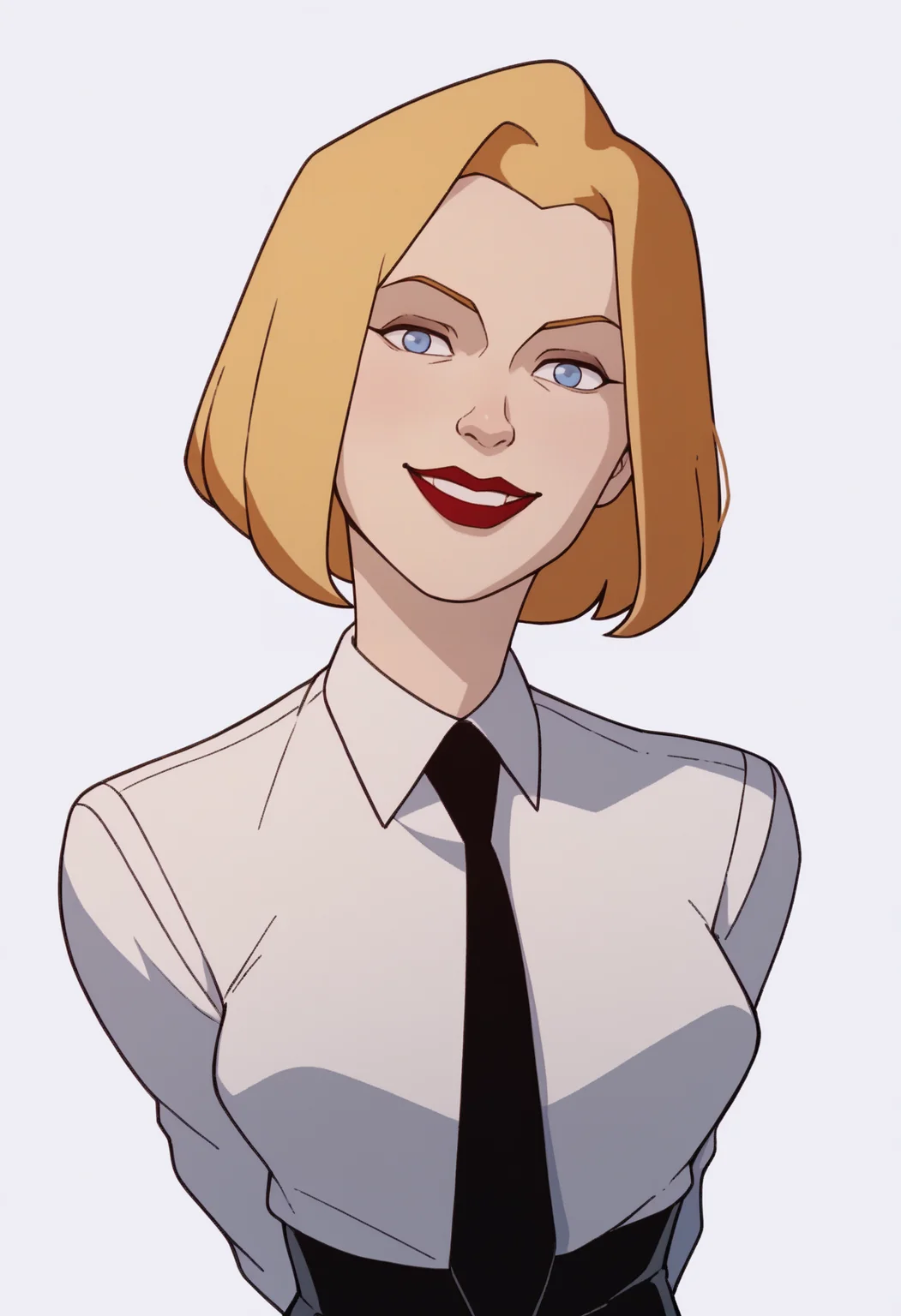 score_9, score_8_up, score_7_up, score_6_up, score_5_up, score_4_up, BREAK,
1girl, agentl, blonde hair, short hair, blue eyes, red lips, makeup,
white shirt, black necktie,
arms behind back, upper body, smile, looking at viewer, solo, simple background, white background <lora:AgentLXL:1>