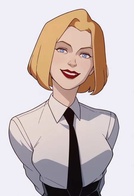 score_9, score_8_up, score_7_up, score_6_up, score_5_up, score_4_up, BREAK,
1girl, agentl, blonde hair, short hair, blue eyes, red lips, makeup,
white shirt, black necktie,
arms behind back, upper body, smile, looking at viewer, solo, simple background, white background <lora:AgentLXL:1>