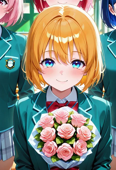 masterpiece,best quality,amazing quality,very aesthetic,absurdres,newest, huge filesize,
BREAK
anime screenshot, anime coloring, flat color,
school uniform,
blush,tears,
smile,
BREAK
lineup,
holding bouquet,
shiny skin,
class room,
close up,
looking at viewer