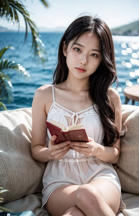 cinematic photo break. white wavy long hair,
A wonderful life, a relaxed atmosphere,Aegean Sea,sunny,a girl in love,reading books,pajama,smile,
<lora:Better_Pose:1> <lora:fluxenhancer:1> <lora:sparklycism:1>, <lora:Tangbohu_real_style_FLUX_type_A:0.7>, 35mm photograph, film, (bokeh:1.3), professional, 4k, highly detailed