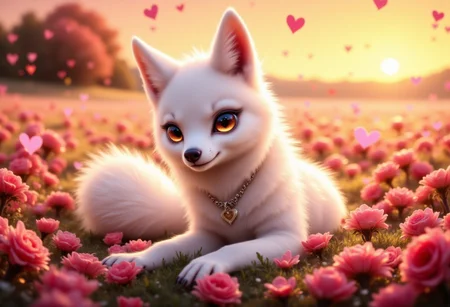 feral, animal, wolf, tufted fur, tufted ears, fluffy wolf tail, narrowed eyes, white fur, amber eyes, canine teeth, solo, valentine theme, outside, silver heart-shaped necklace, open smile, glistening eyes, white tail ribbon, rose petals, white ribbon on tail, laying flowerfield, sunset, looking at viewer,