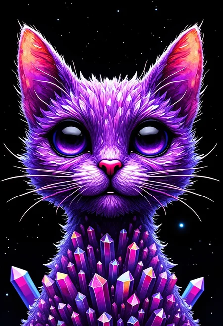 abstract expressionist painting Pop Art and cubism early 20 century, straight lines and solids, cute cat face without body, (((warm colors))), violet, sparkling amethyst crystals, intricate details, hologram floating in space, a vibrant digital illustration, dribbble, quantum wavetracing, black background, behance hd, vivid colors, flat color, 2D, strong lines, Pop Art . energetic brushwork, bold colors, abstract forms, expressive, emotional